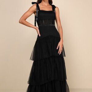 Lulus Enticing Mystique Black Tulle Tie-strap Tiered Maxi Dress - Size XL